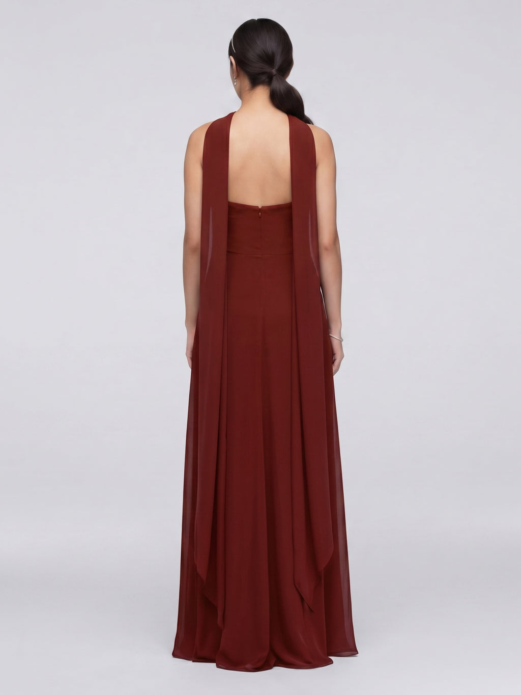 Simple Wine Chiffon A-Line Straight Neck Back Zip Ankle-Length Bridesmaid Dress