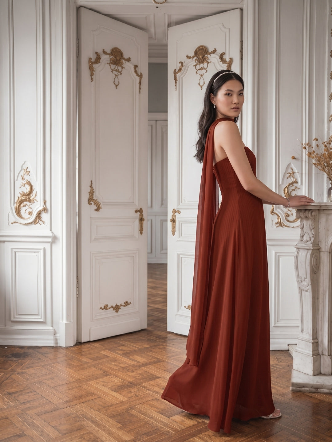 Simple Wine Chiffon A-Line Straight Neck Back Zip Ankle-Length Bridesmaid Dress