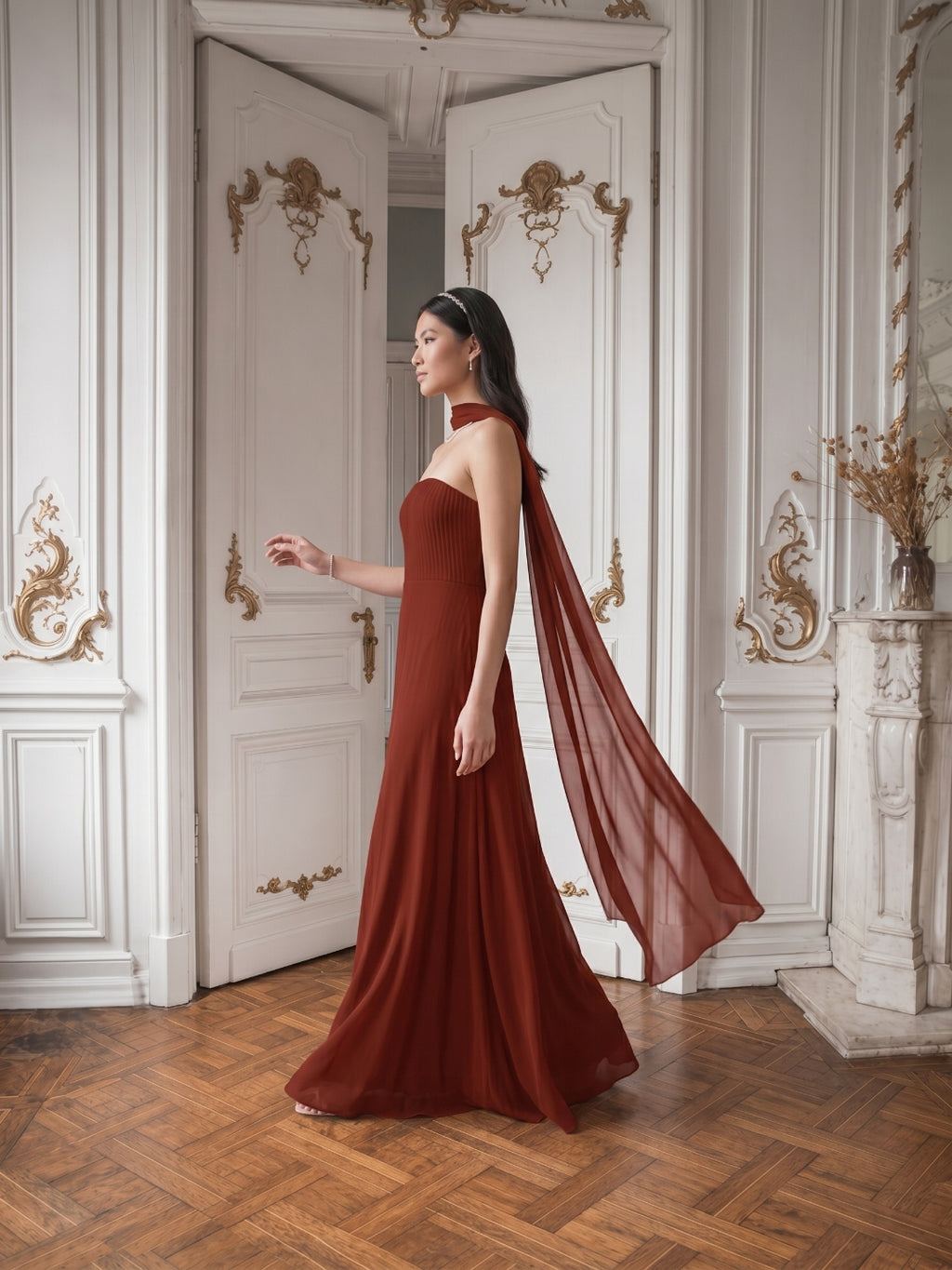 Simple Wine Chiffon A-Line Straight Neck Back Zip Ankle-Length Bridesmaid Dress