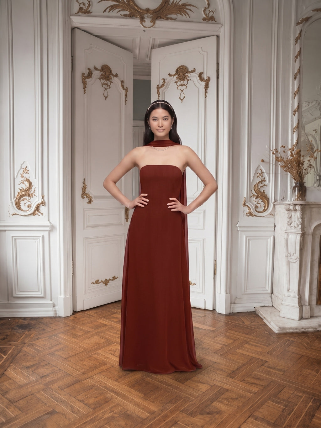 Simple Wine Chiffon A-Line Straight Neck Back Zip Ankle-Length Bridesmaid Dress