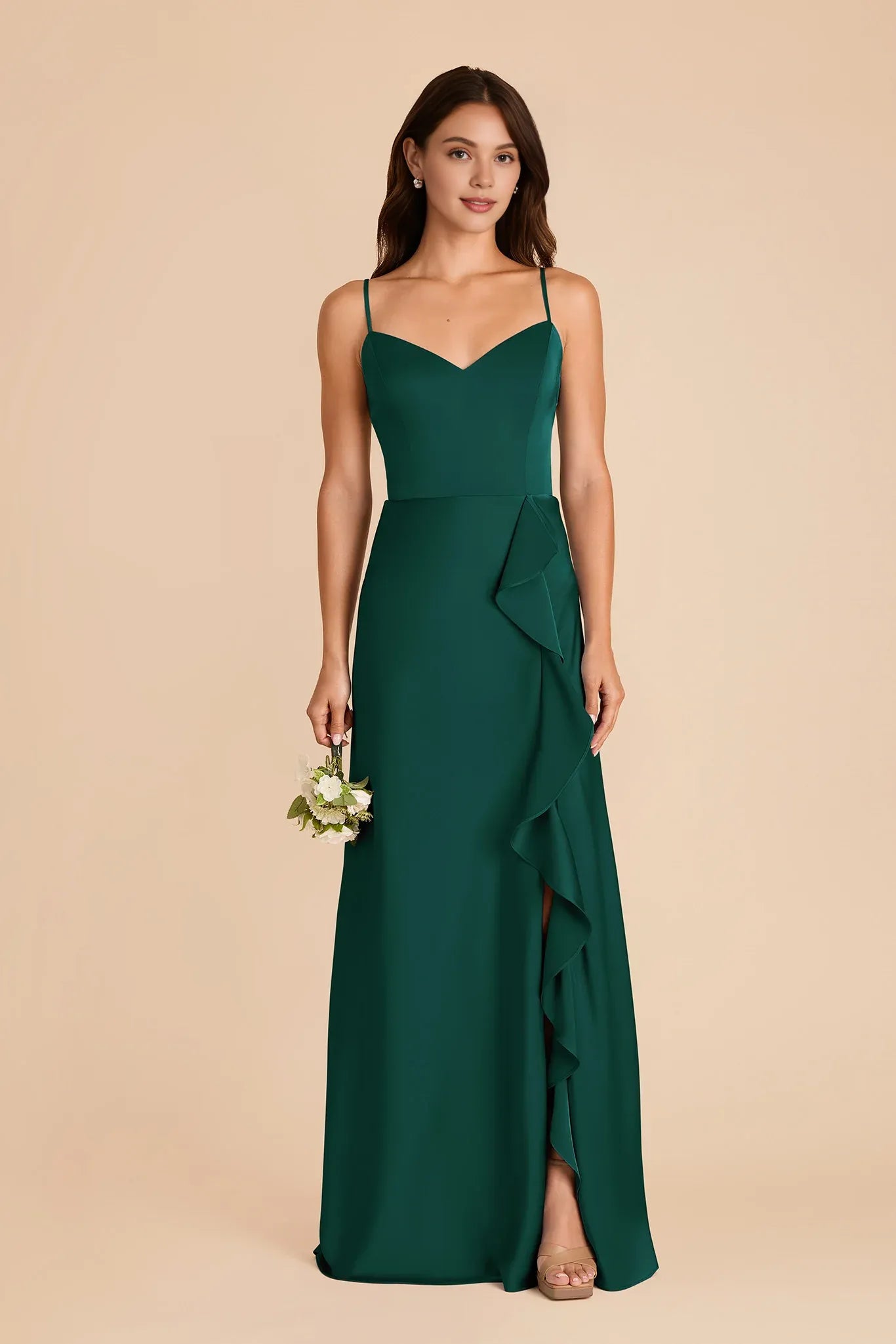 Simple A-Line Spaghetti Straps Sleeveless Satin Ruffle Maxi Bridesmaid Dress