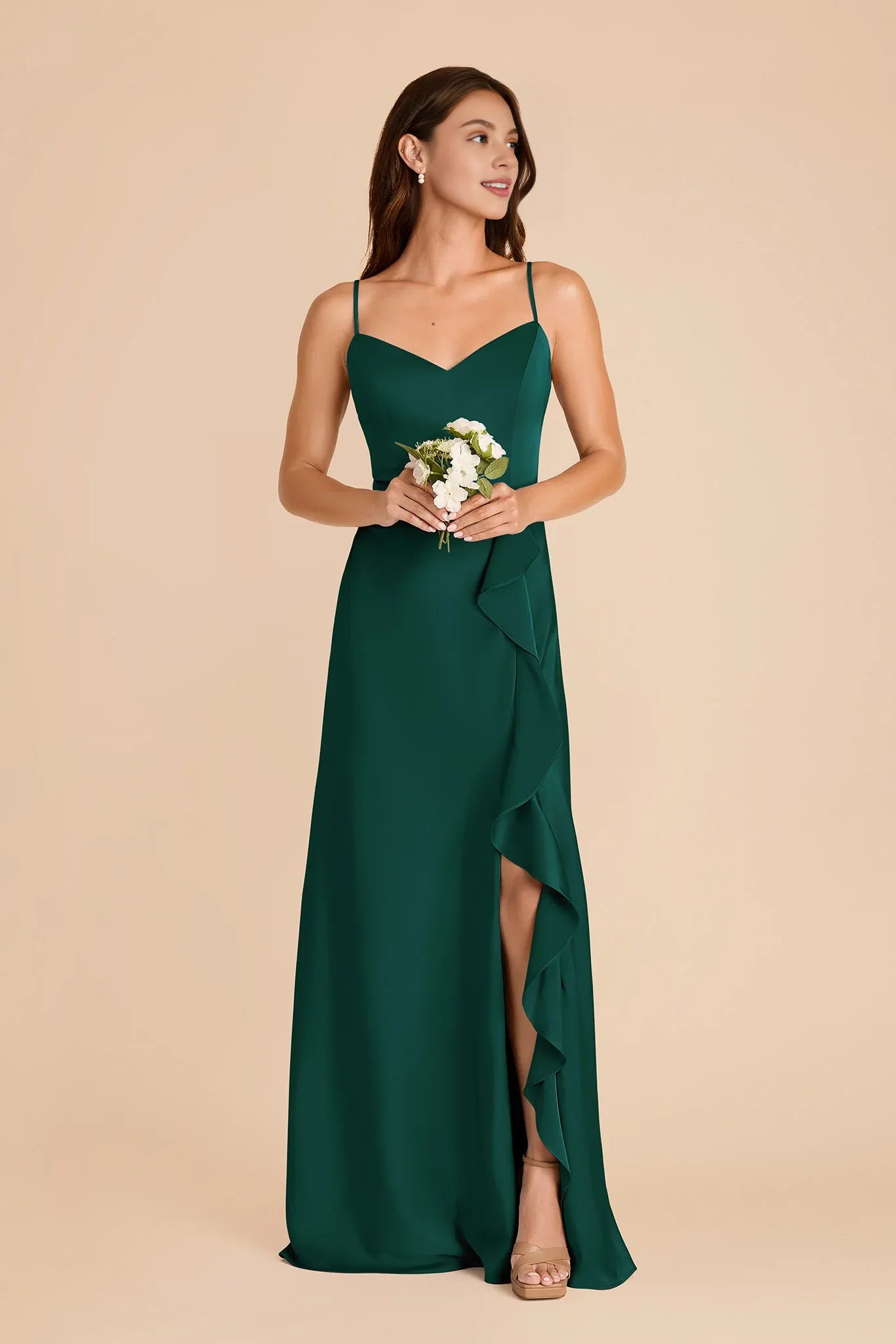 Simple A-Line Spaghetti Straps Sleeveless Satin Ruffle Maxi Bridesmaid Dress