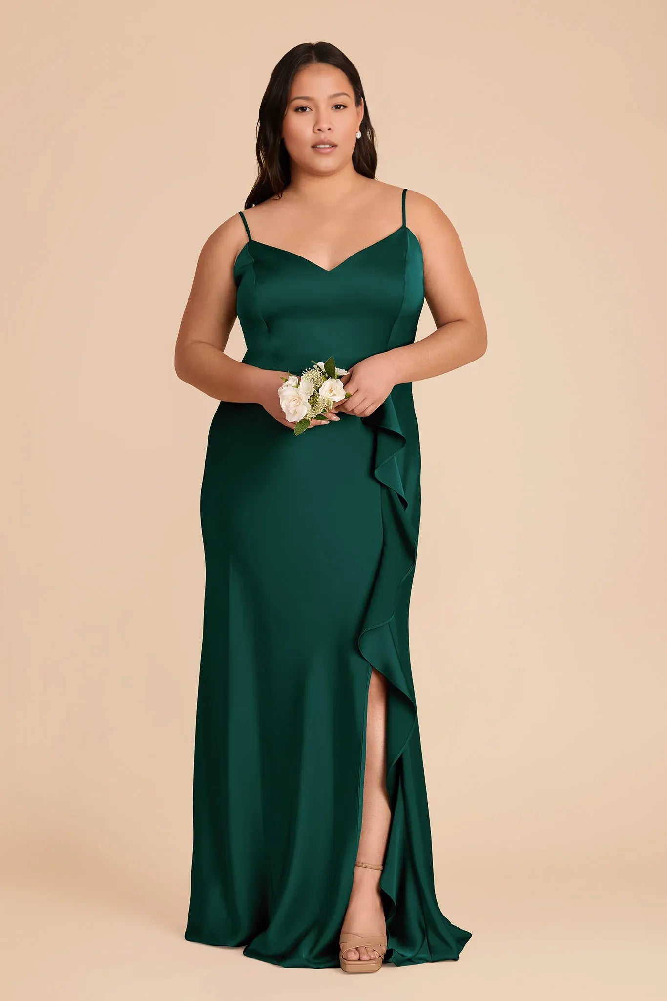 Simple A-Line Spaghetti Straps Sleeveless Satin Ruffle Maxi Bridesmaid Dress
