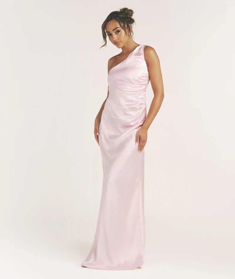 Elegant Blush Pink One-shoulder Ruched Waist Satin Bodycon Floor-length Bridesmaid Dresses