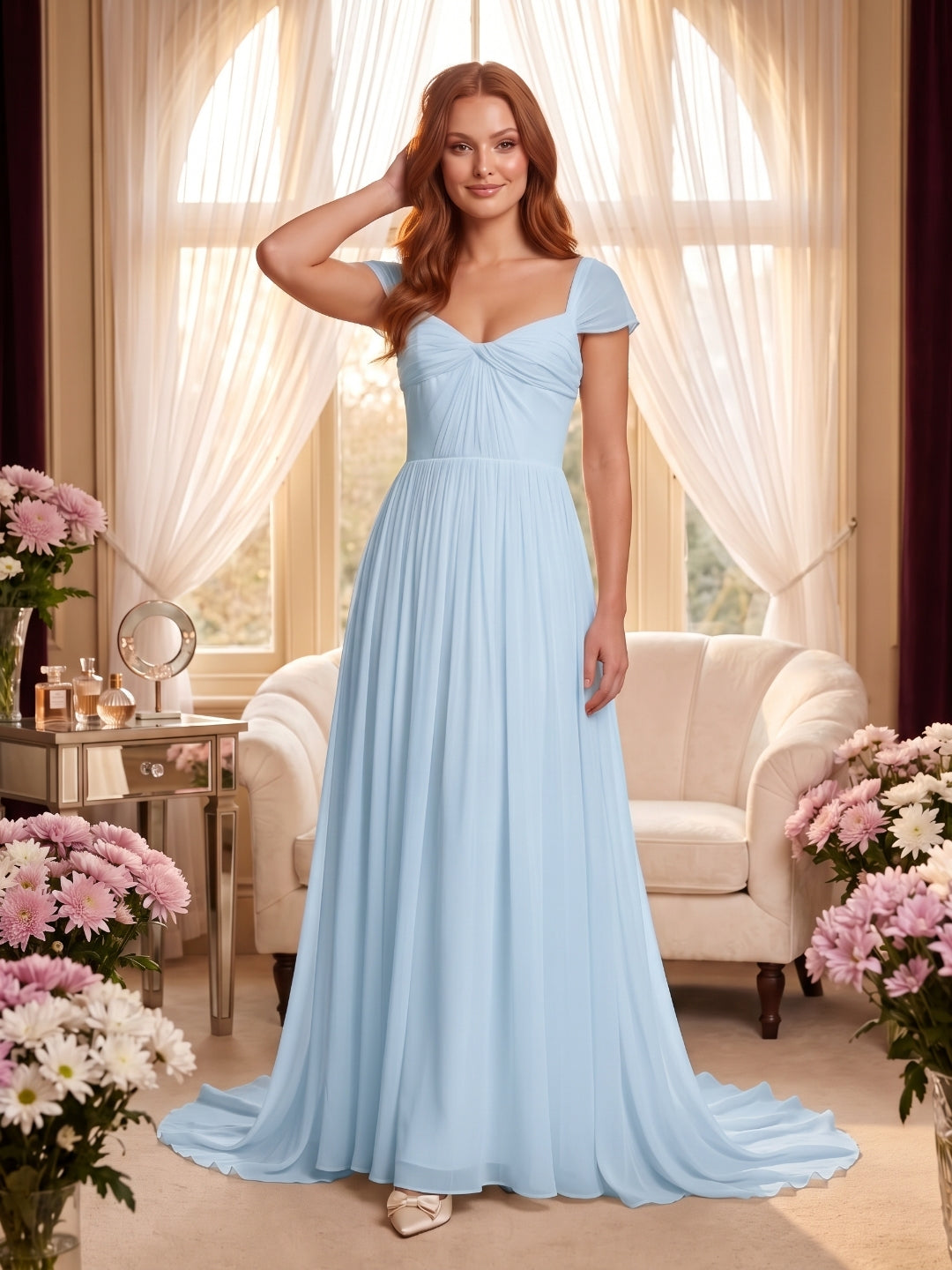 Sky Blue Chiffon A-Line Square Neck Backless Floor-Length Prom Dress