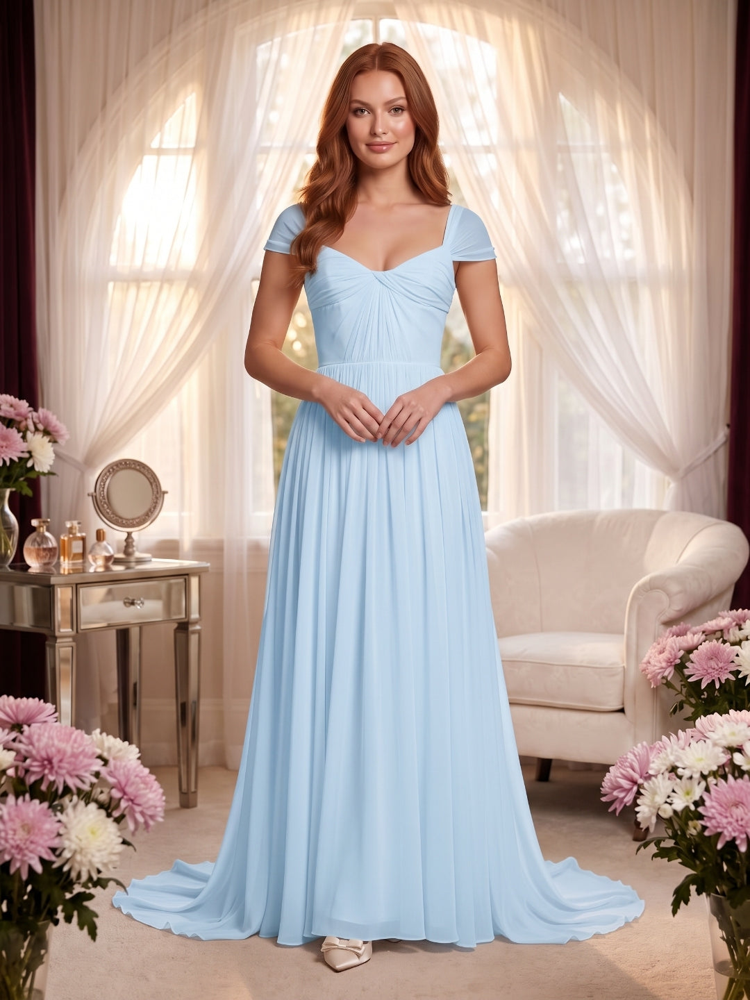 Sky Blue Chiffon A-Line Square Neck Backless Floor-Length Prom Dress