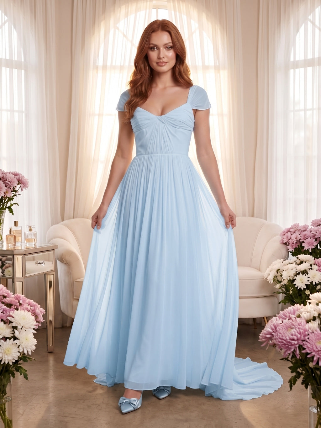 Sky Blue Chiffon A-Line Square Neck Backless Floor-Length Prom Dress