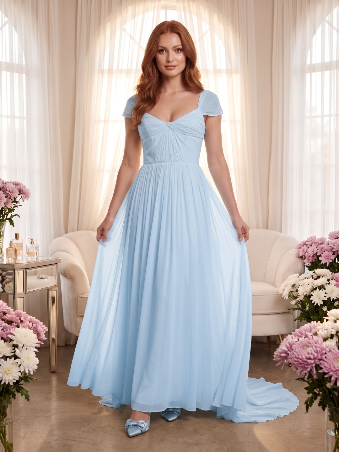 Sky Blue Chiffon A-Line Square Neck Backless Floor-Length Prom Dress