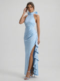 Elegant Sky Blue Satin column Halter neckline Back Zip with Bow Ankle-Length Bridesmaid Dress