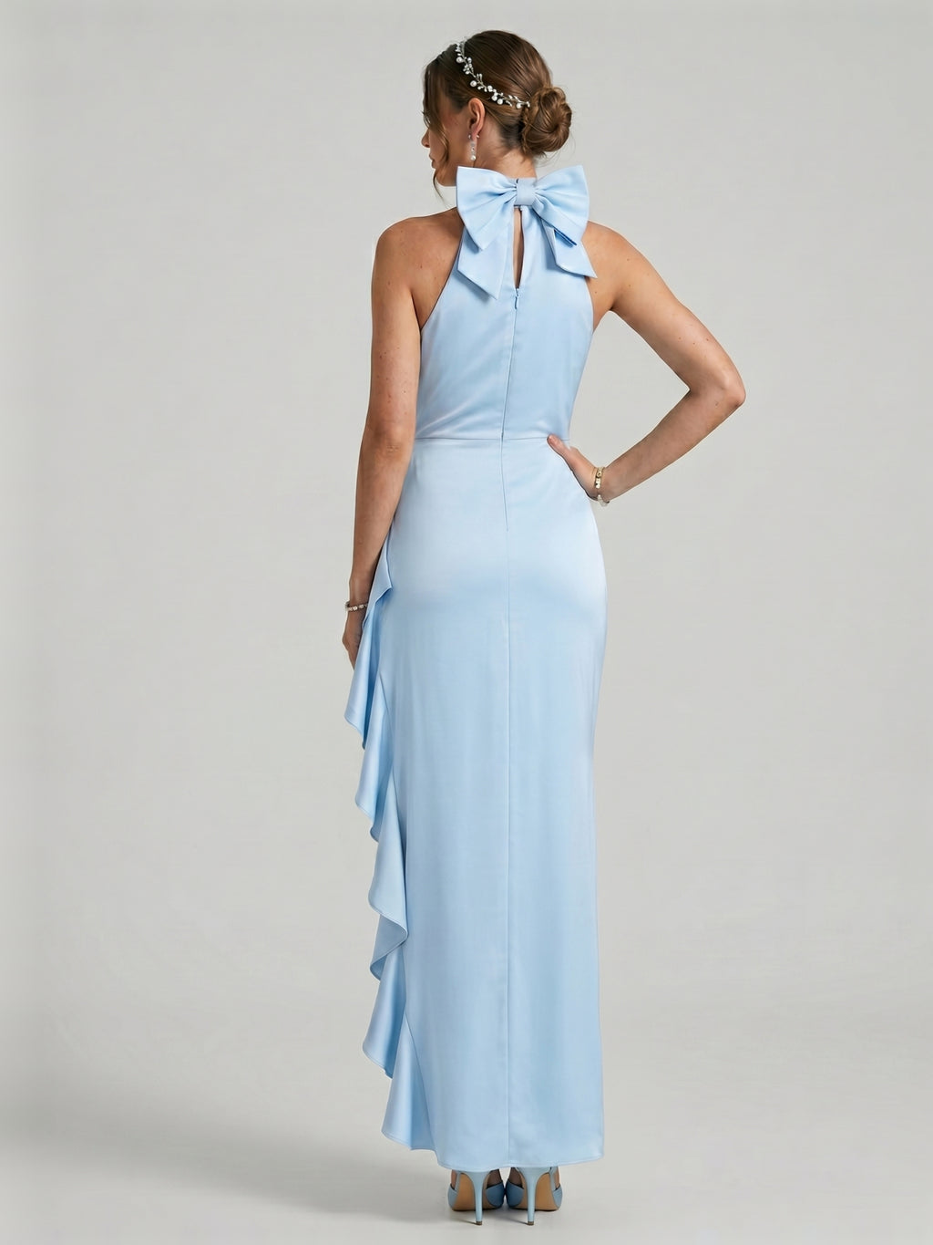 Elegant Sky Blue Satin column Halter neckline Back Zip with Bow Ankle-Length Bridesmaid Dress