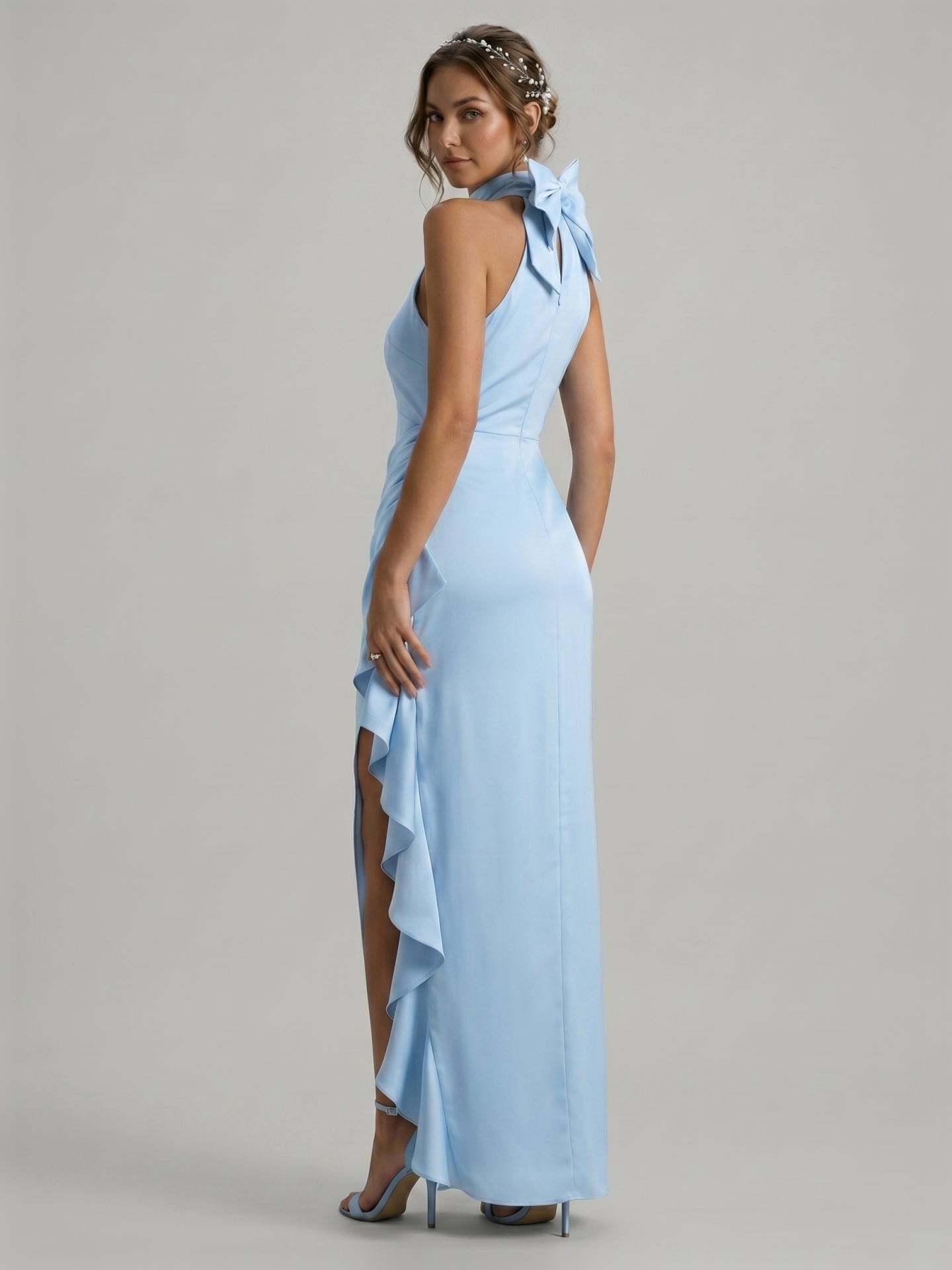 Elegant Sky Blue Satin column Halter neckline Back Zip with Bow Ankle-Length Bridesmaid Dress
