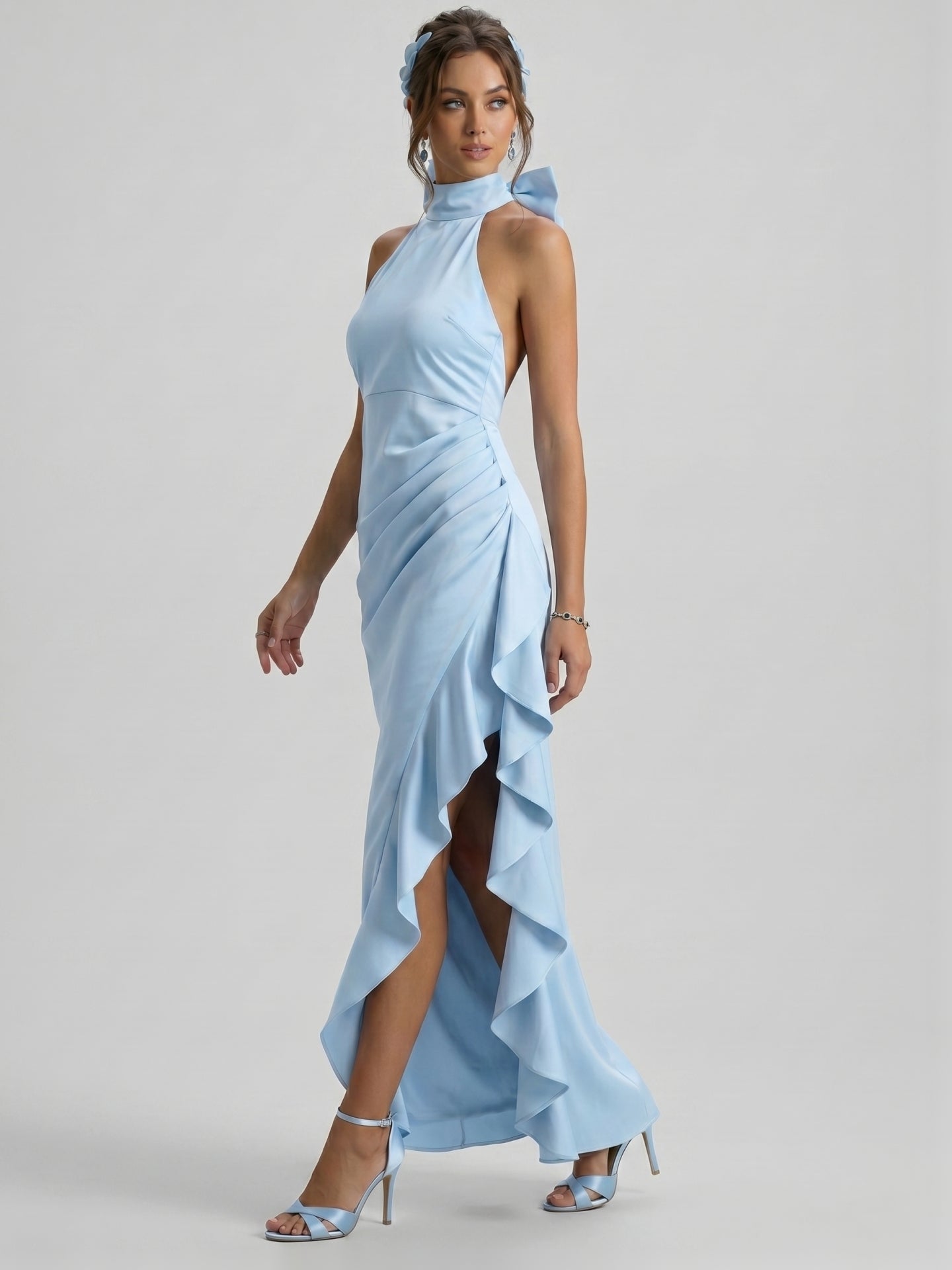Elegant Sky Blue Satin column Halter neckline Back Zip with Bow Ankle-Length Bridesmaid Dress