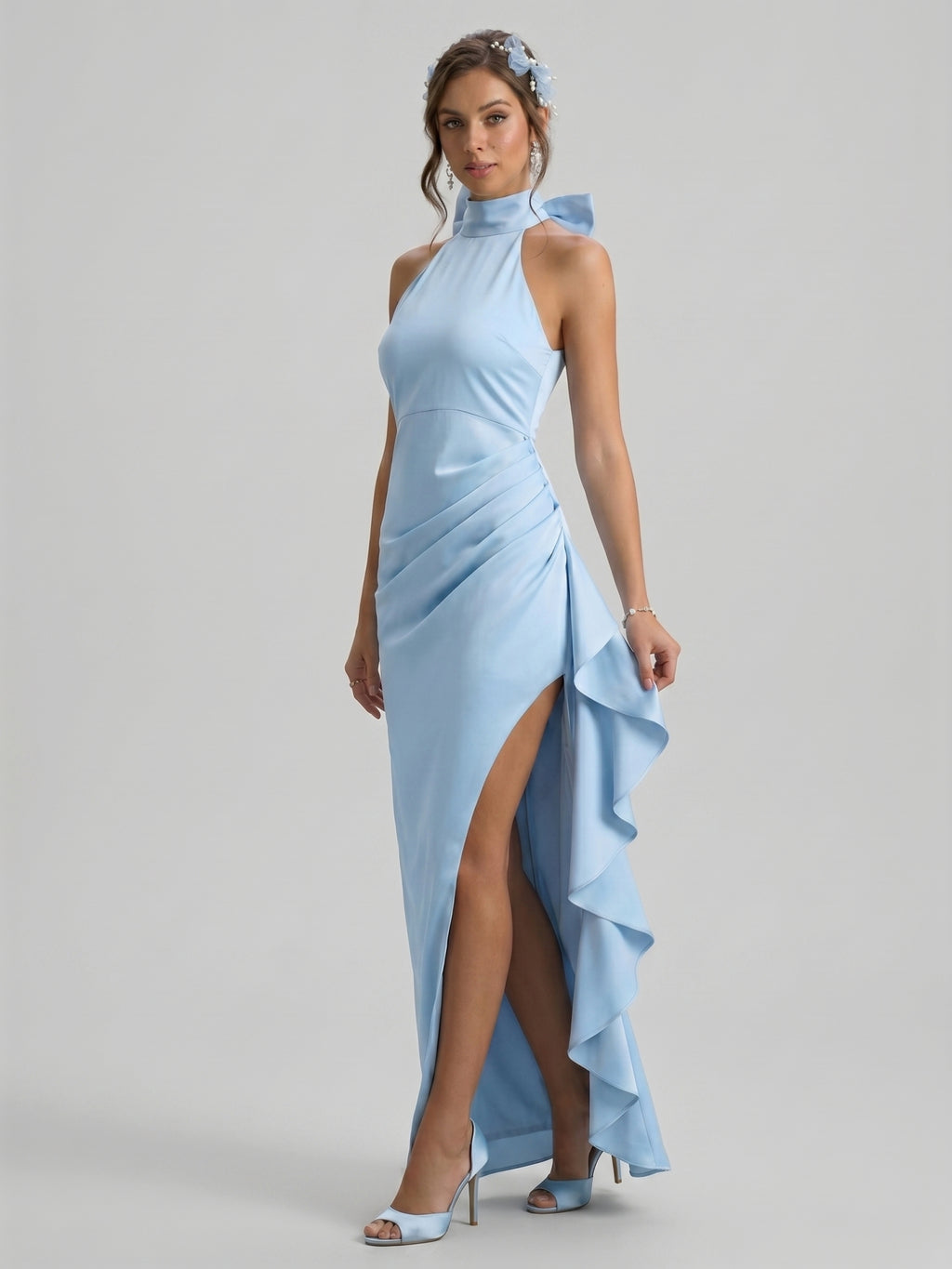Elegant Sky Blue Satin column Halter neckline Back Zip with Bow Ankle-Length Bridesmaid Dress