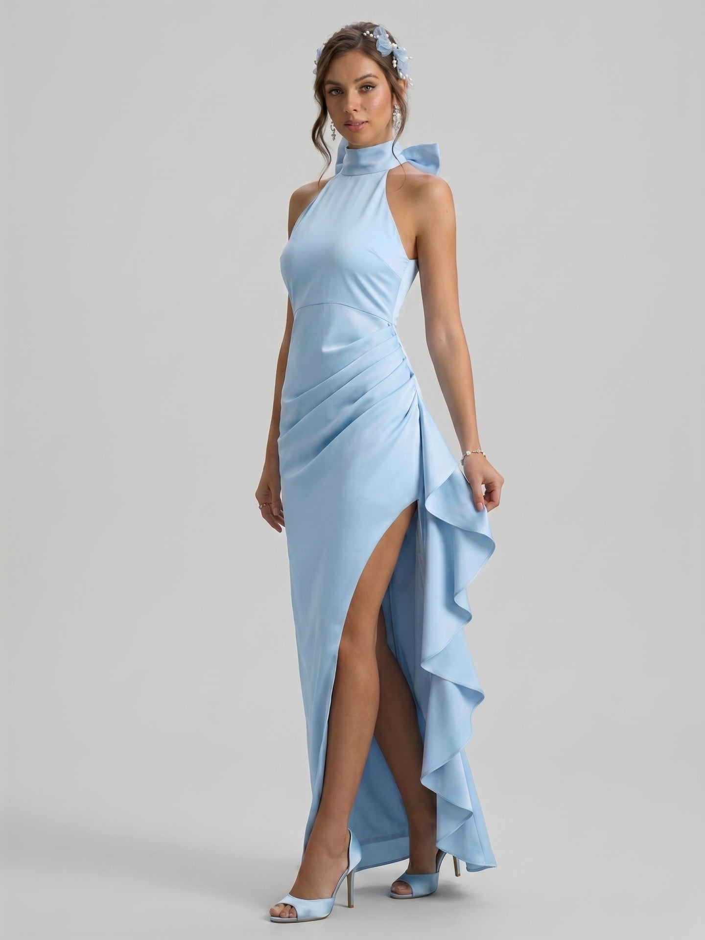 Elegant Sky Blue Satin column Halter neckline Back Zip with Bow Ankle-Length Bridesmaid Dress