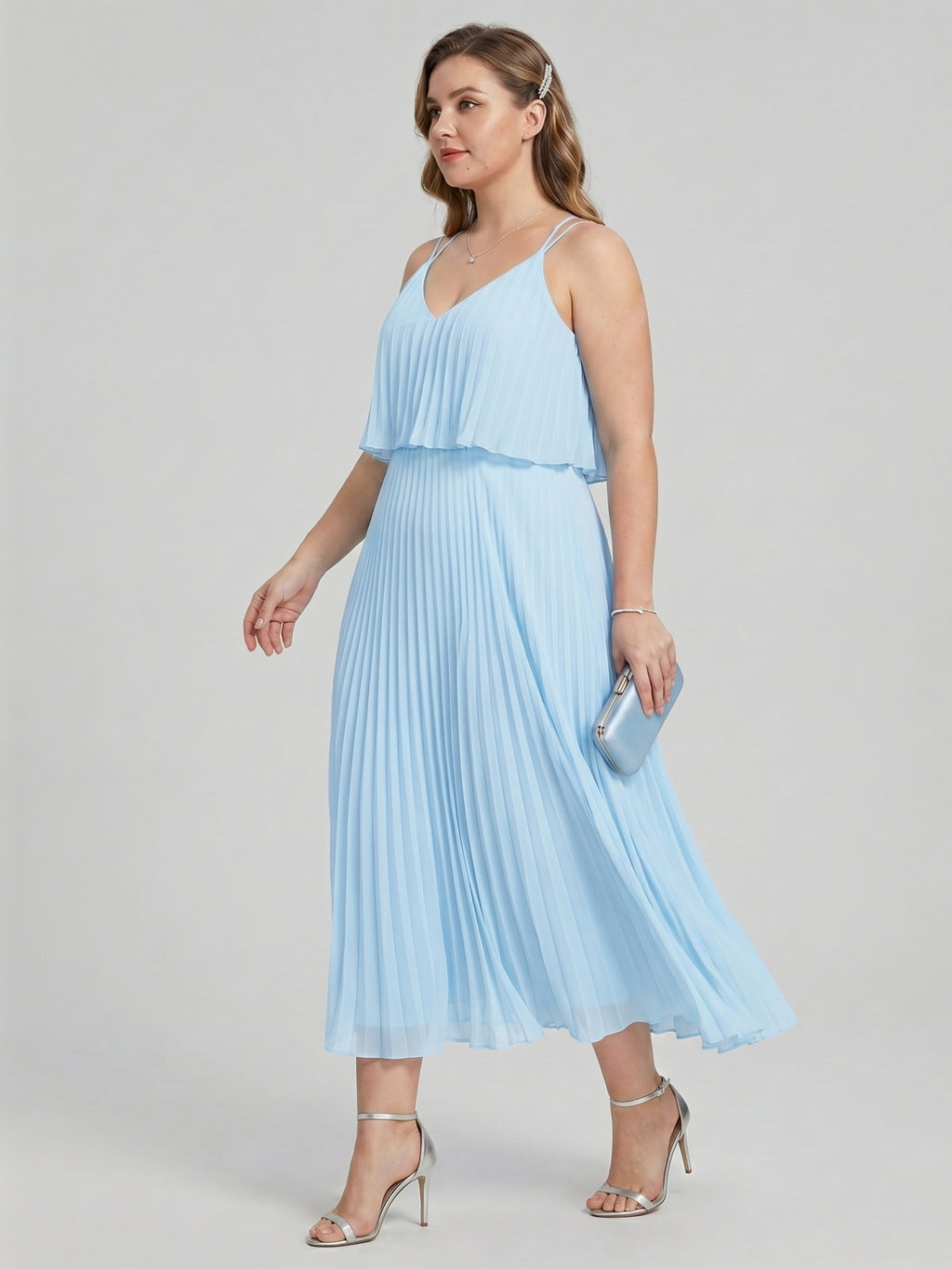 Coquette Sky Blue Chiffon A-Line V-Neck Back Zip Pleated Knee-Length Plus Size Bridesmaid Dress