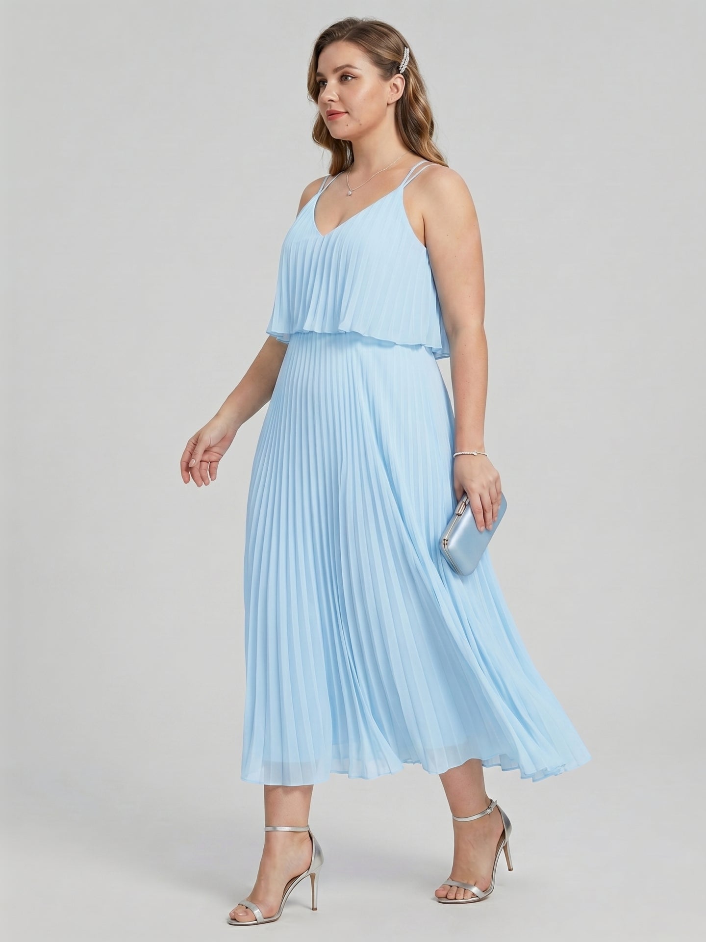 Coquette Sky Blue Chiffon A-Line V-Neck Back Zip Pleated Knee-Length Plus Size Bridesmaid Dress