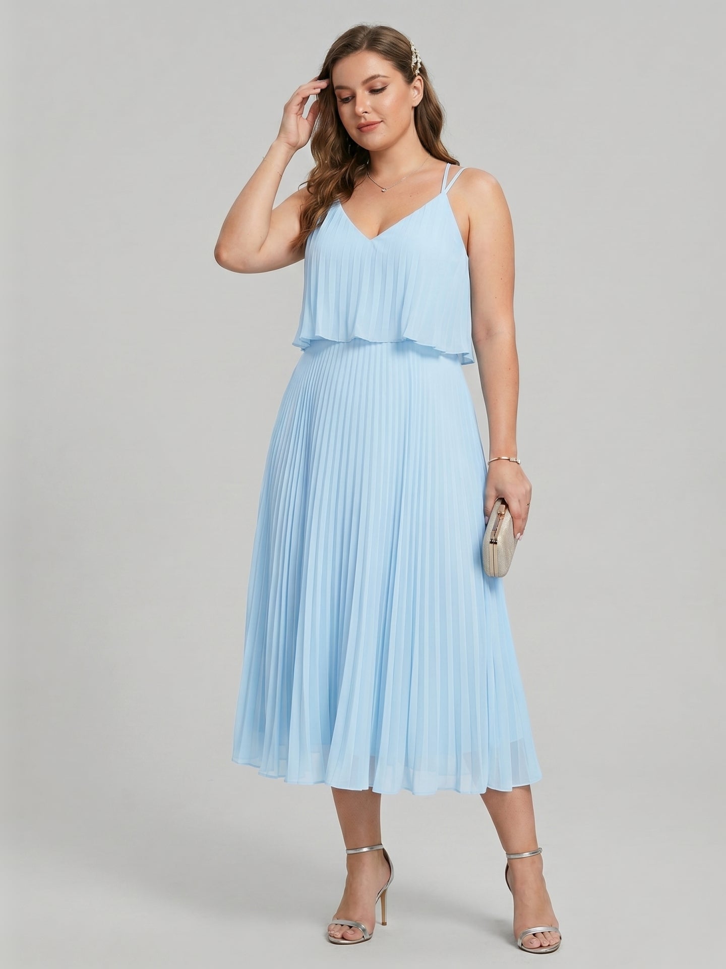 Coquette Sky Blue Chiffon A-Line V-Neck Back Zip Pleated Knee-Length Plus Size Bridesmaid Dress