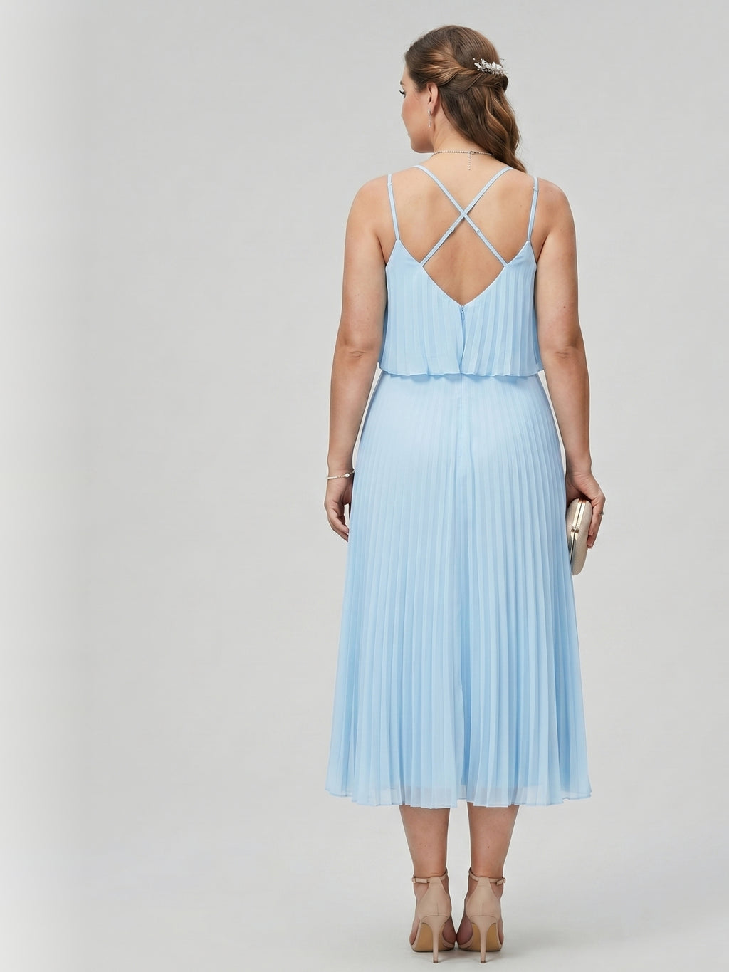 Coquette Sky Blue Chiffon A-Line V-Neck Back Zip Pleated Knee-Length Plus Size Bridesmaid Dress