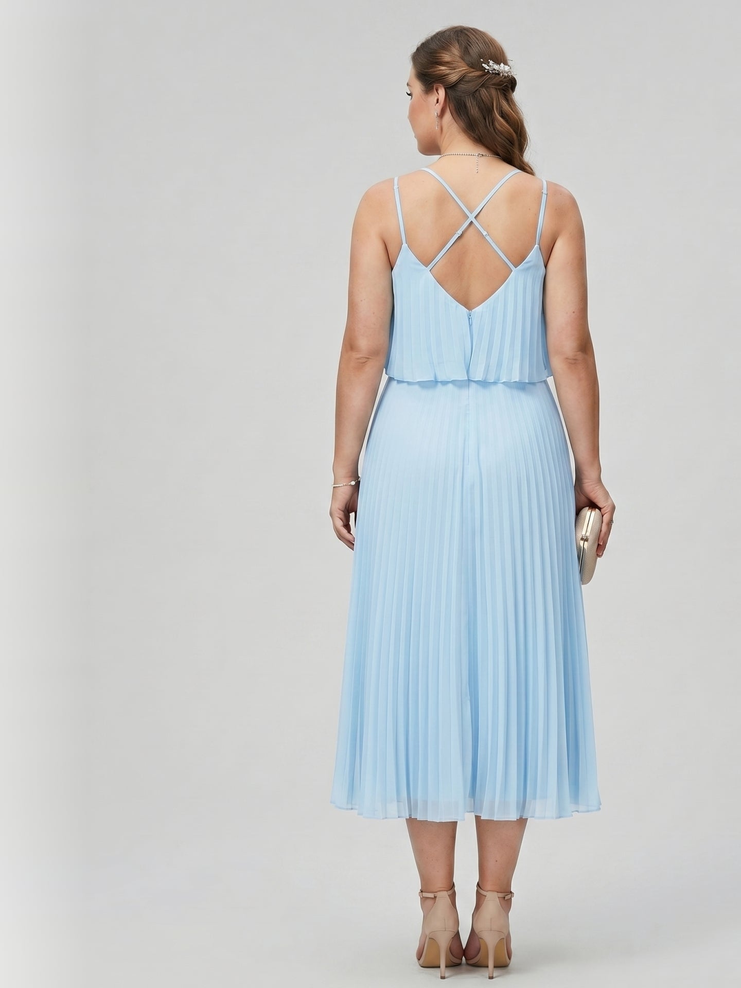 Coquette Sky Blue Chiffon A-Line V-Neck Back Zip Pleated Knee-Length Plus Size Bridesmaid Dress