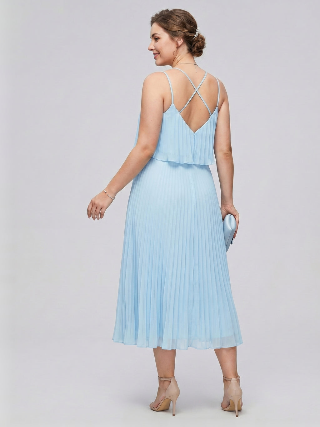 Coquette Sky Blue Chiffon A-Line V-Neck Back Zip Pleated Knee-Length Plus Size Bridesmaid Dress