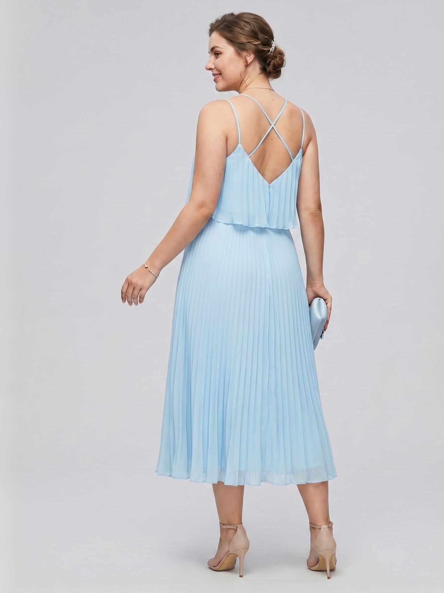 Coquette Sky Blue Chiffon A-Line V-Neck Back Zip Pleated Knee-Length Plus Size Bridesmaid Dress