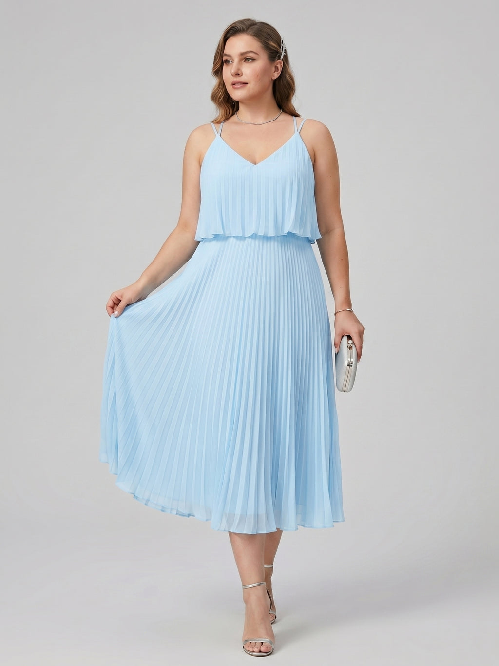 Coquette Sky Blue Chiffon A-Line V-Neck Back Zip Pleated Knee-Length Plus Size Bridesmaid Dress