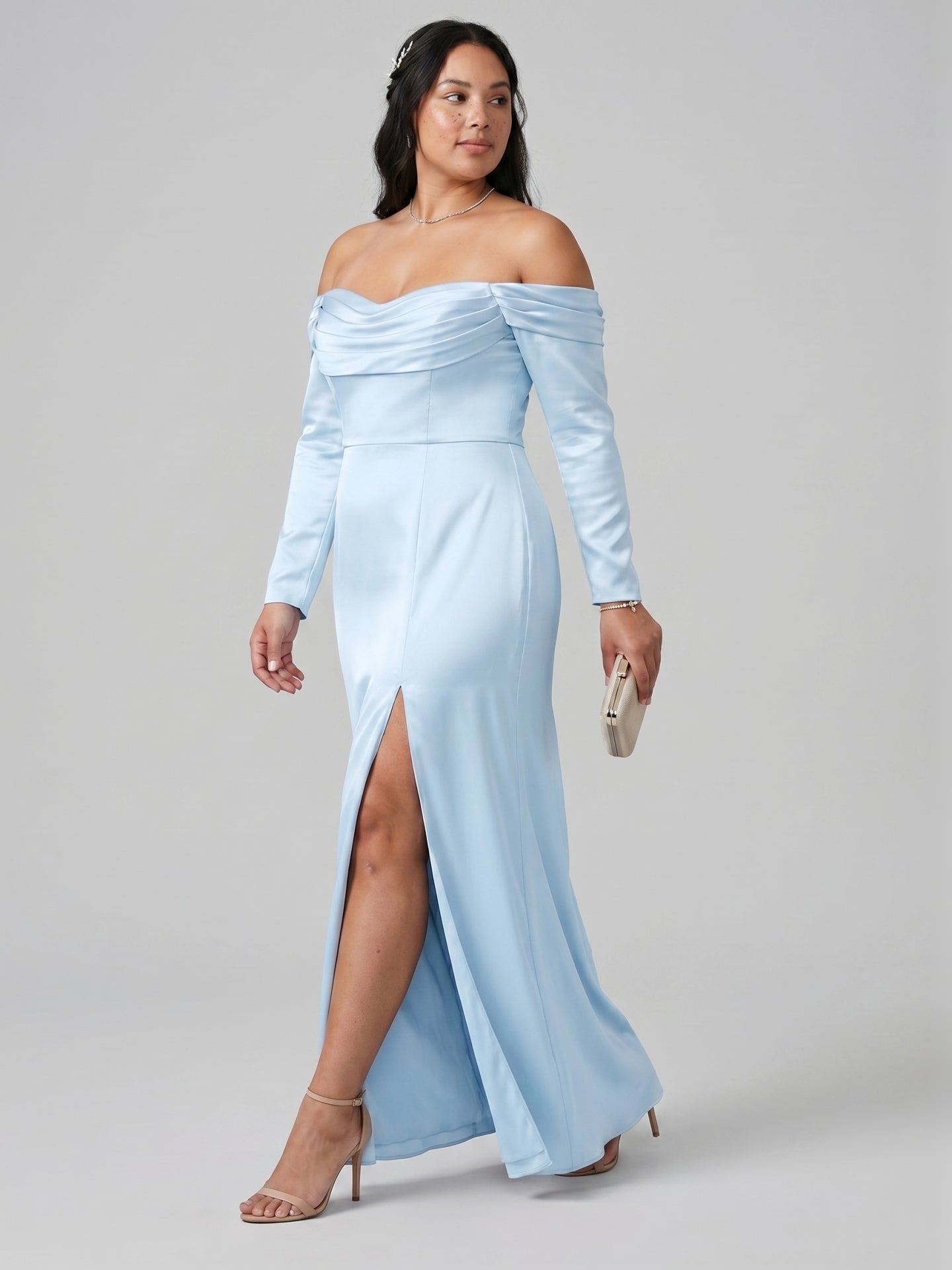 Elegant Sky Blue Satin column Off-the-Shoulder Back Zip Ankle-Length Plus Size Bridesmaid Dress