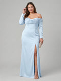 Elegant Sky Blue Satin column Off-the-Shoulder Back Zip Ankle-Length Plus Size Bridesmaid Dress