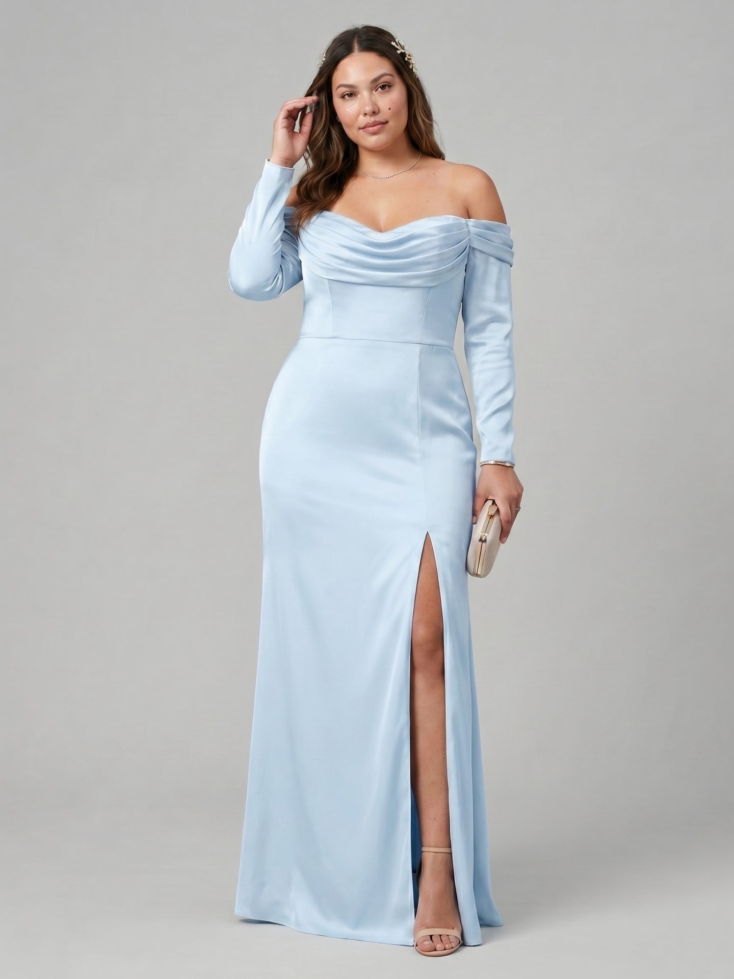 Elegant Sky Blue Satin column Off-the-Shoulder Back Zip Ankle-Length Plus Size Bridesmaid Dress