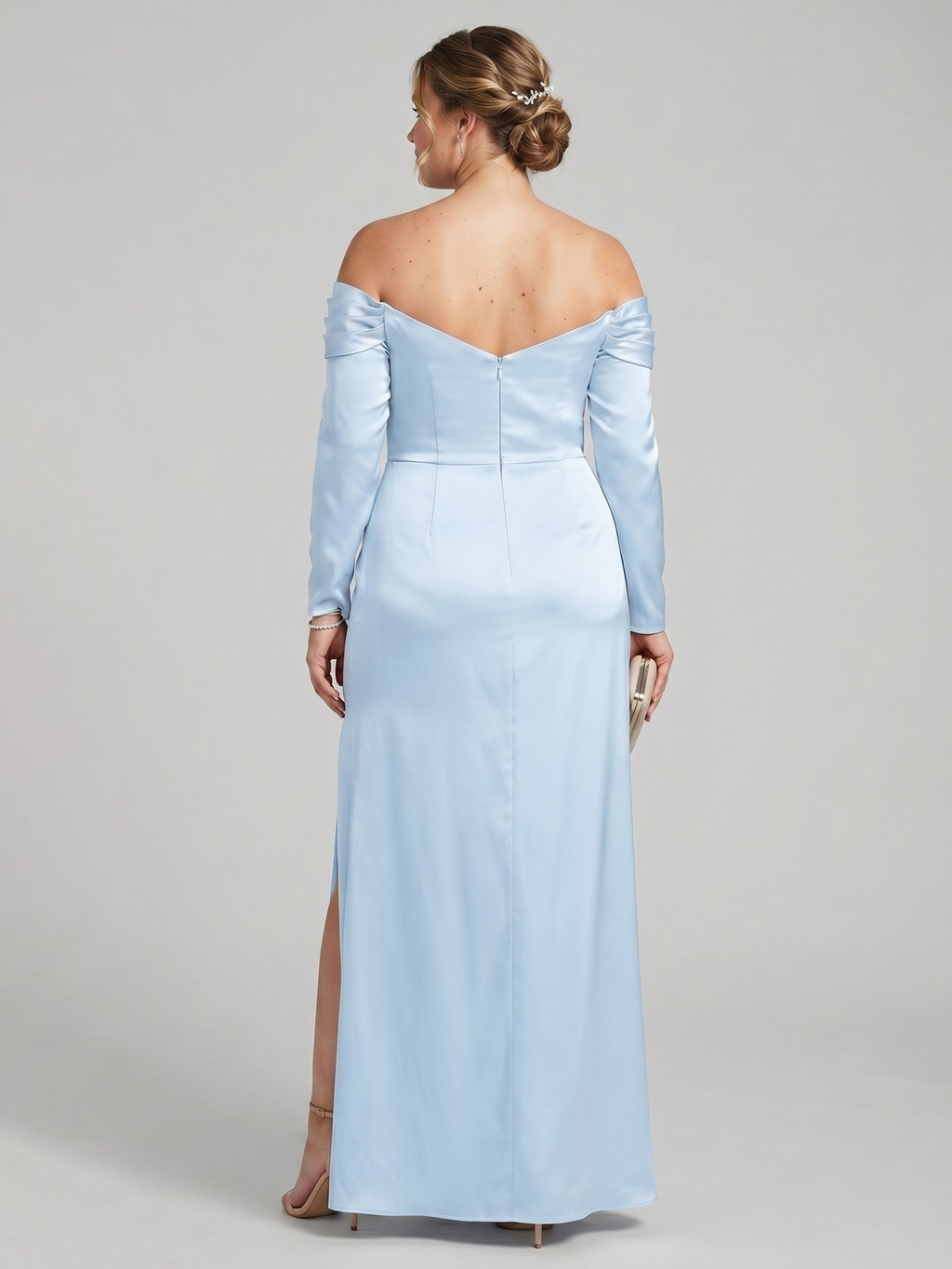 Elegant Sky Blue Satin column Off-the-Shoulder Back Zip Ankle-Length Plus Size Bridesmaid Dress