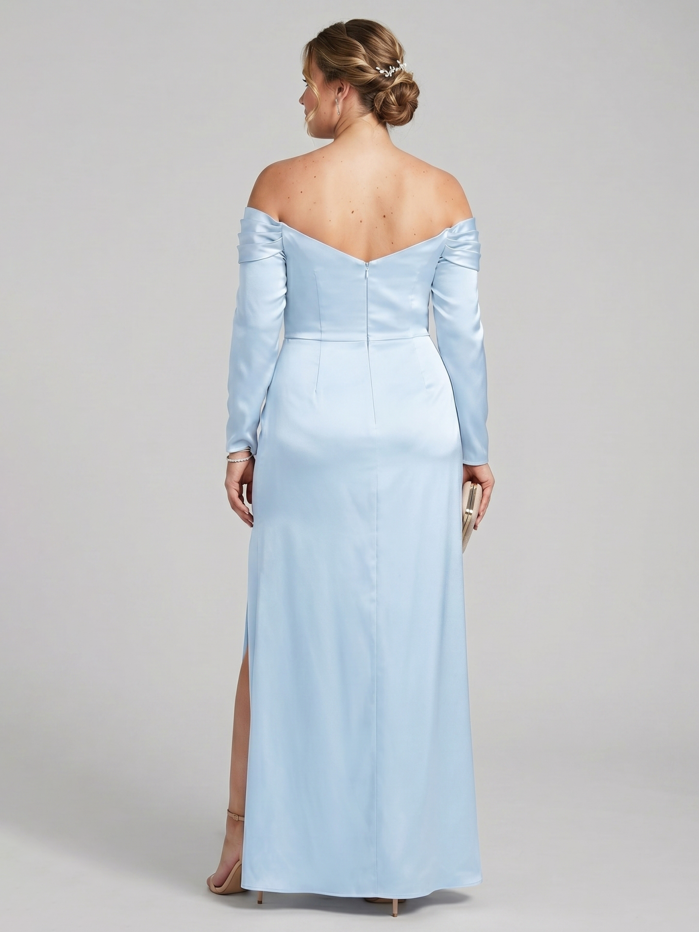 Elegant Sky Blue Satin column Off-the-Shoulder Back Zip Ankle-Length Plus Size Bridesmaid Dress
