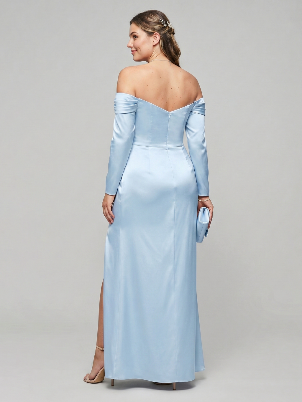 Elegant Sky Blue Satin column Off-the-Shoulder Back Zip Ankle-Length Plus Size Bridesmaid Dress