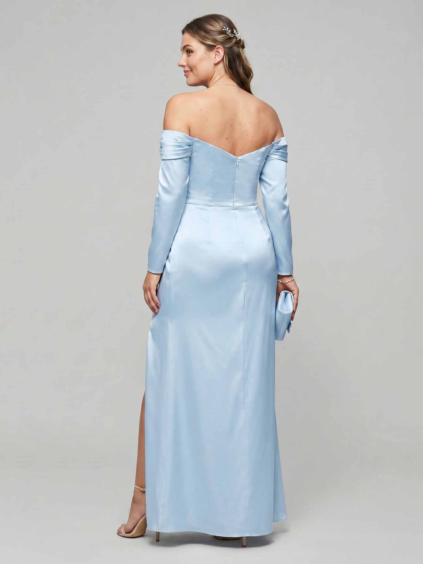 Elegant Sky Blue Satin column Off-the-Shoulder Back Zip Ankle-Length Plus Size Bridesmaid Dress