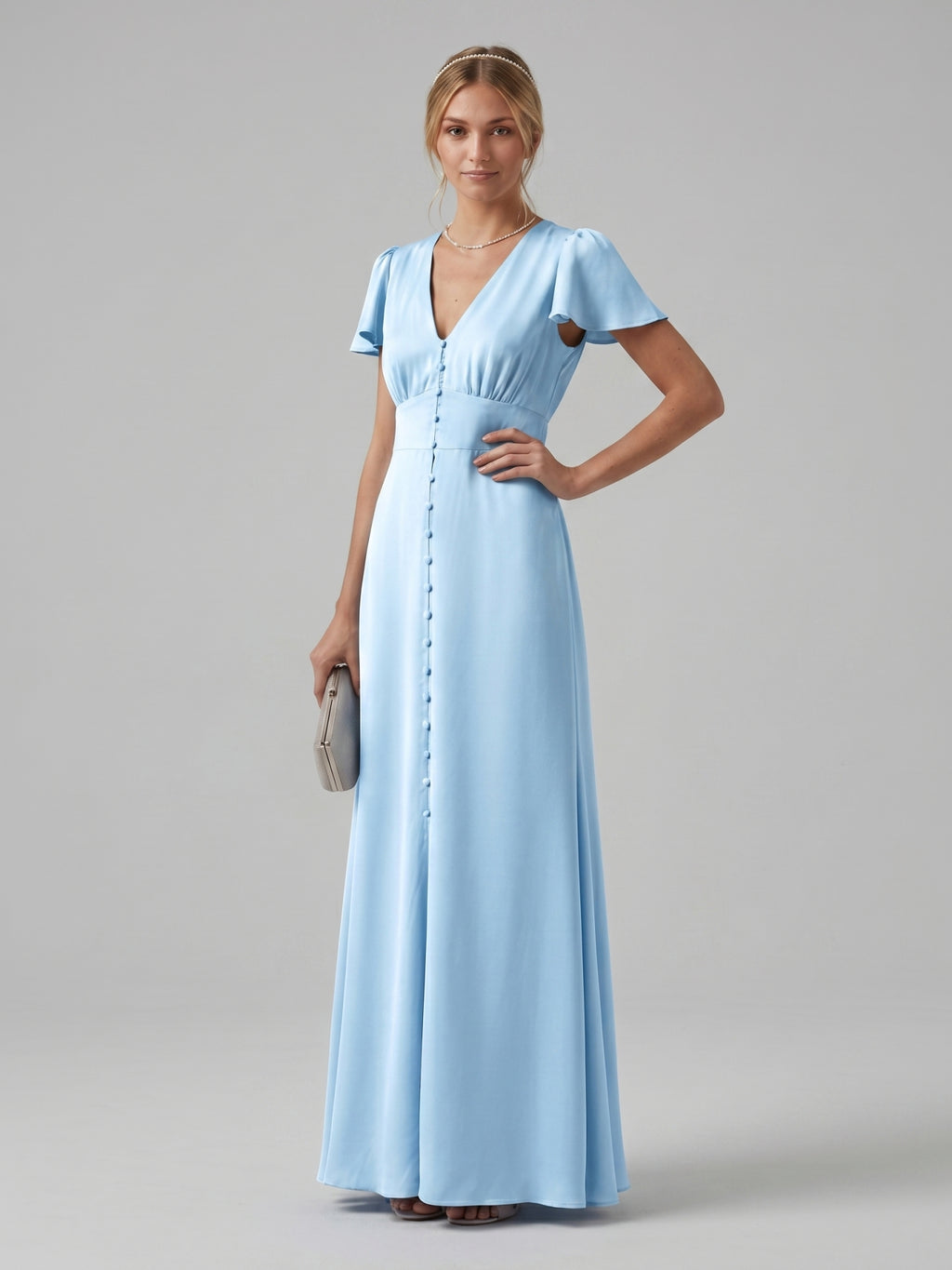 Elegant Sky Blue Satin Sheath V-Neck Lace-up Ankle-Length Bridesmaid Dress