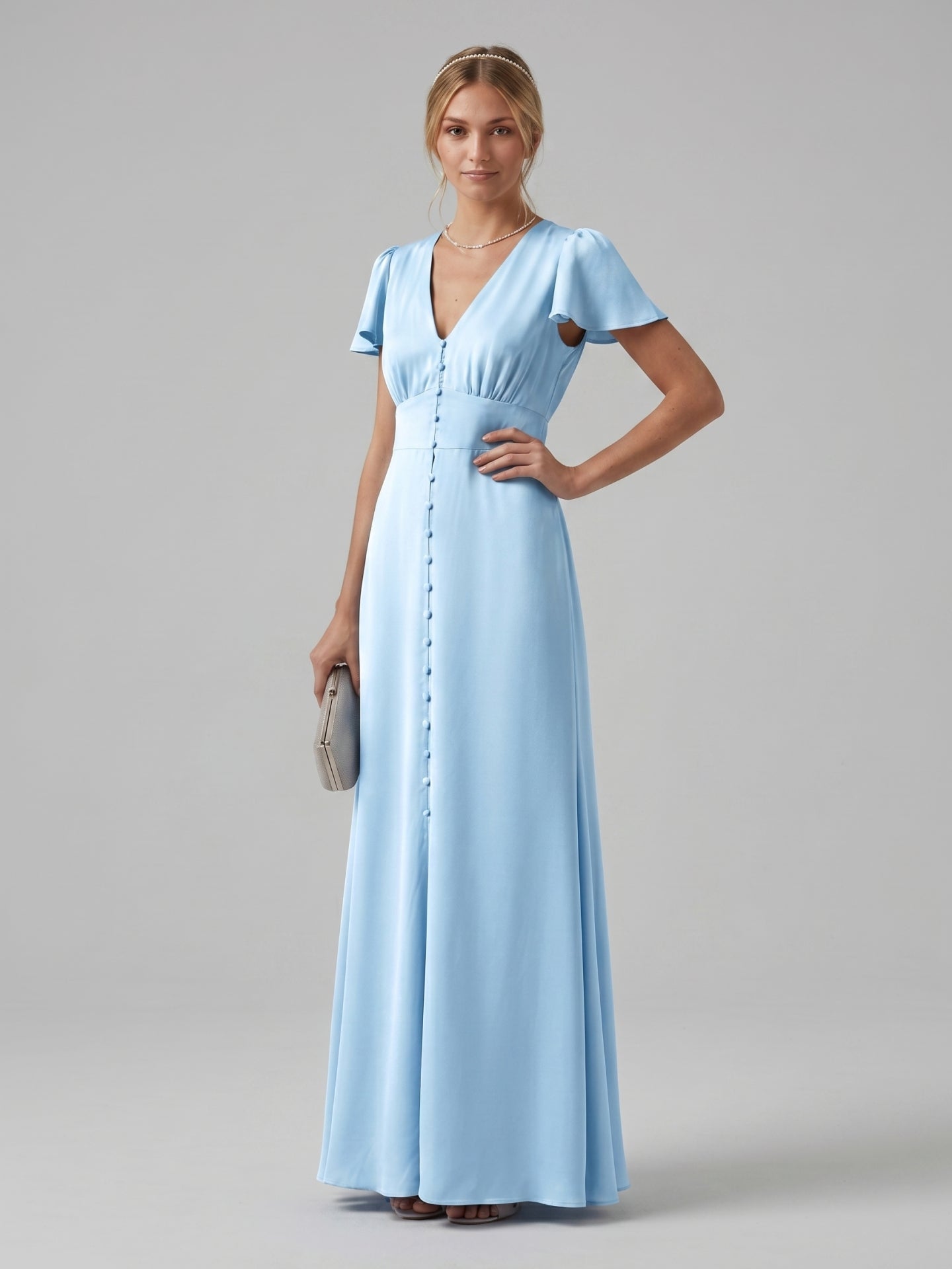 Elegant Sky Blue Satin Sheath V-Neck Lace-up Ankle-Length Bridesmaid Dress