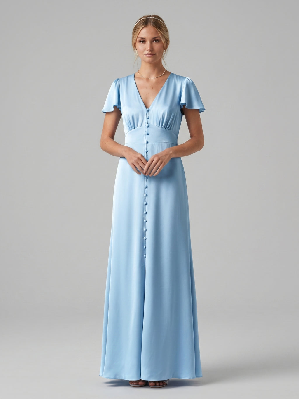 Elegant Sky Blue Satin Sheath V-Neck Lace-up Ankle-Length Bridesmaid Dress