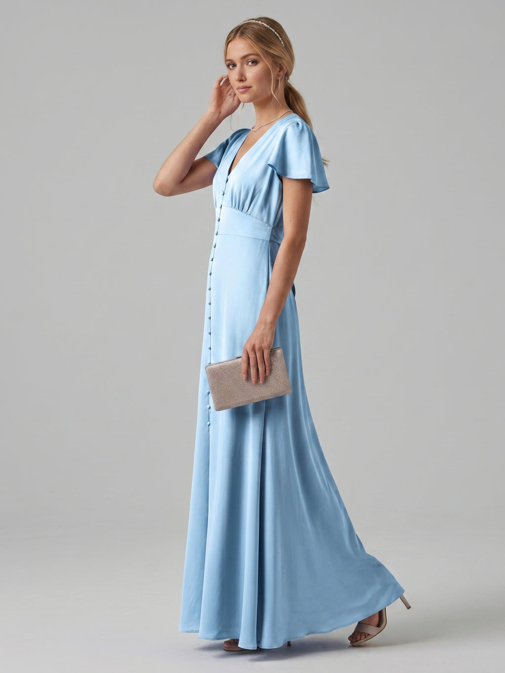 Elegant Sky Blue Satin Sheath V-Neck Lace-up Ankle-Length Bridesmaid Dress