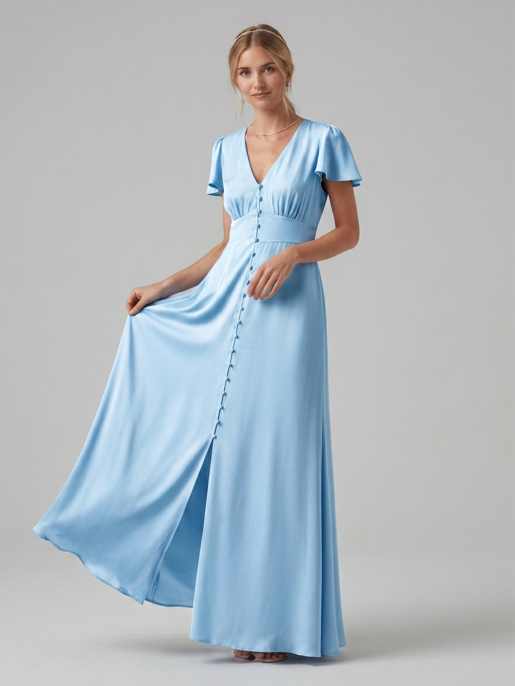 Elegant Sky Blue Satin Sheath V-Neck Lace-up Ankle-Length Bridesmaid Dress