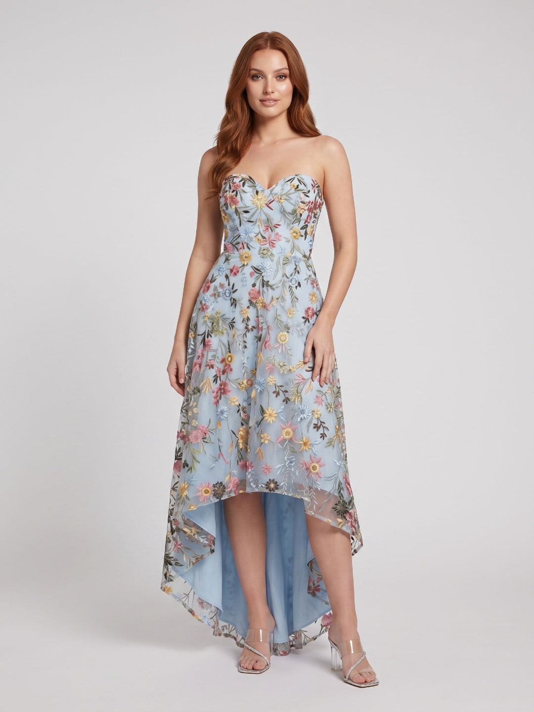 Mauve Embroidered Mesh A-Line Sweetheart Zipper Back High-Low Dress