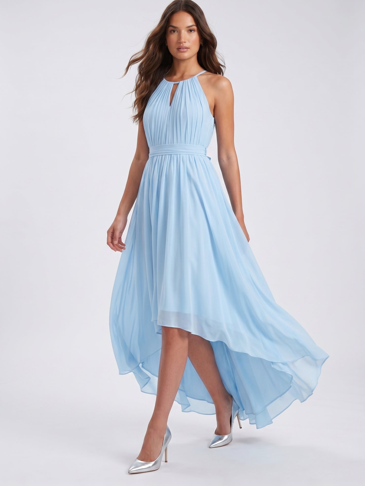 Sky Blue Chiffon A-Line Halter Back Zip Asymmetrical Bridesmaid Dress with Ruffles