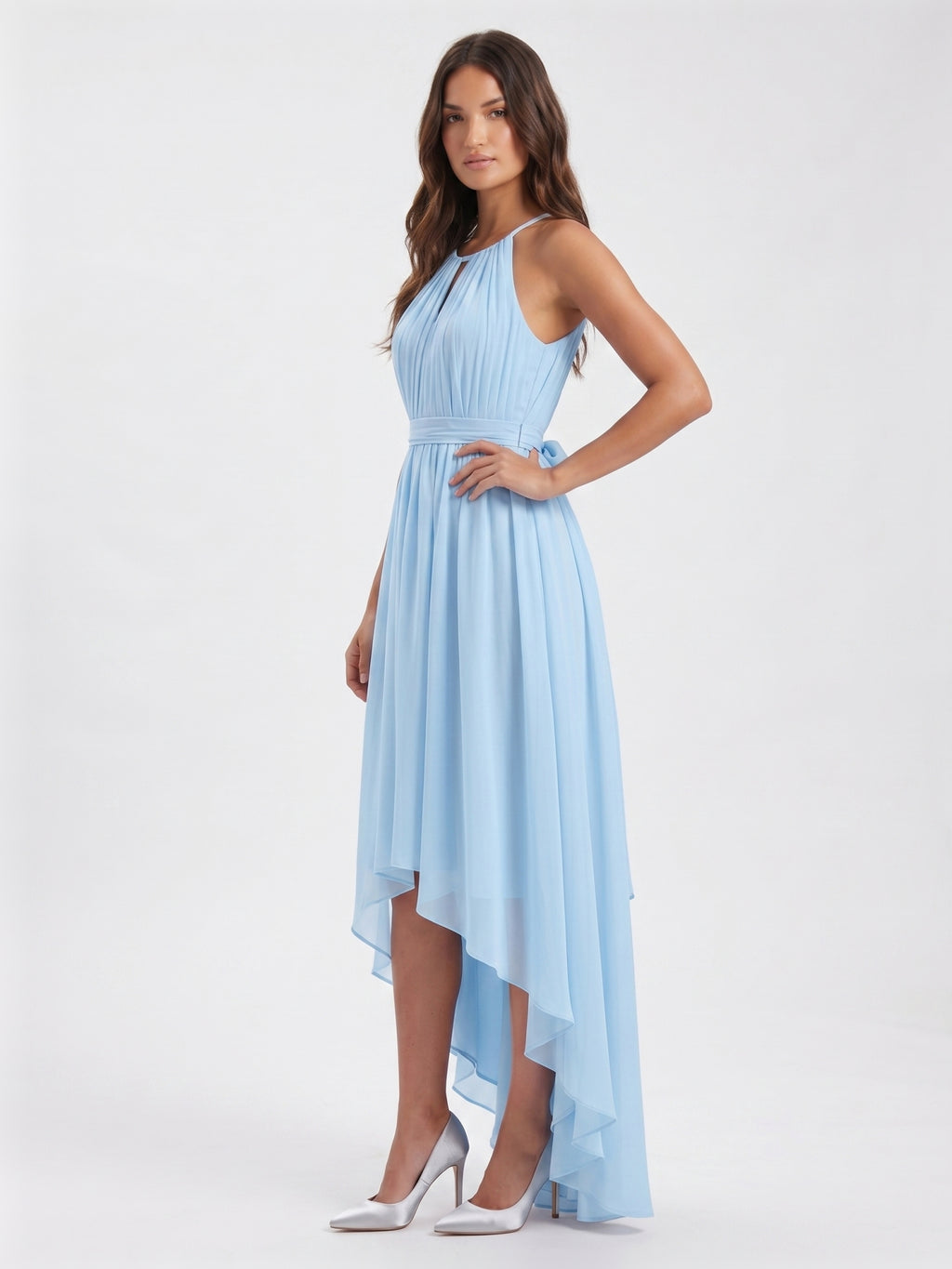 Sky Blue Chiffon A-Line Halter Back Zip Asymmetrical Bridesmaid Dress with Ruffles