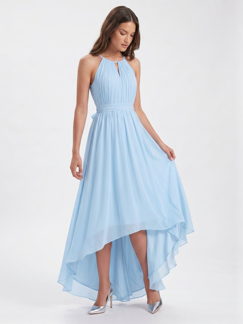 Sky Blue Chiffon A-Line Halter Back Zip Asymmetrical Bridesmaid Dress with Ruffles