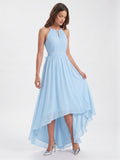 Sky Blue Chiffon A-Line Halter Back Zip Asymmetrical Bridesmaid Dress with Ruffles