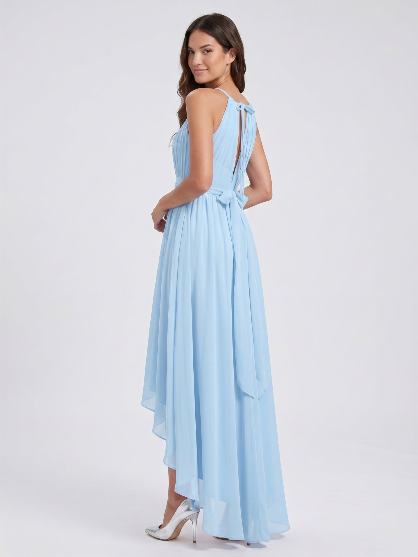 Sky Blue Chiffon A-Line Halter Back Zip Asymmetrical Bridesmaid Dress with Ruffles