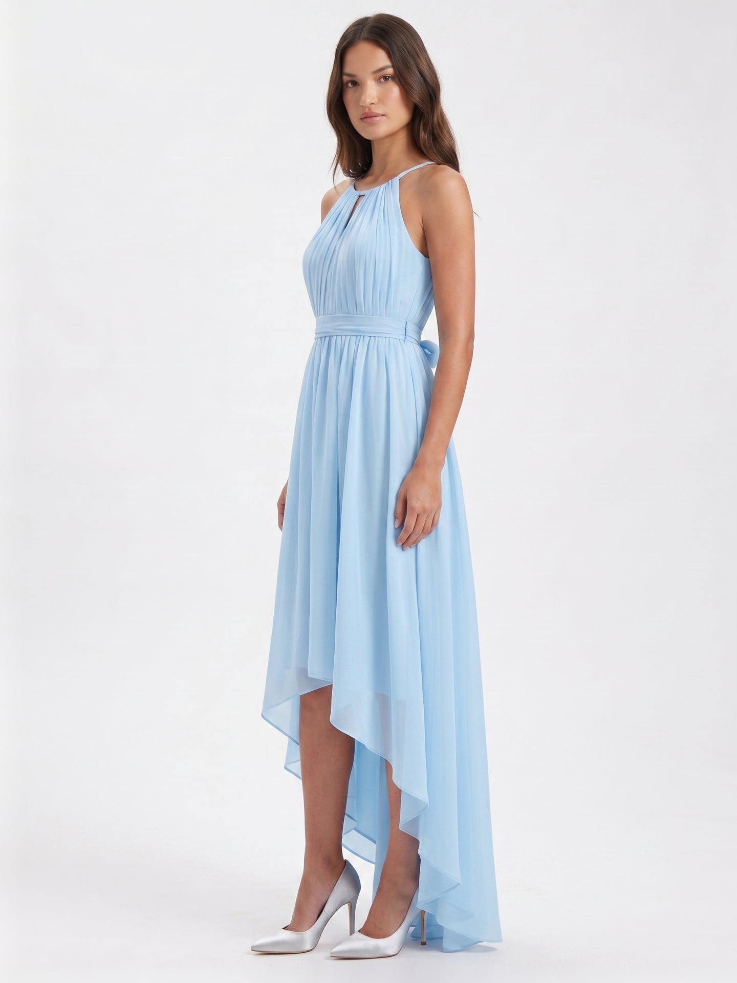 Sky Blue Chiffon A-Line Halter Back Zip Asymmetrical Bridesmaid Dress with Ruffles