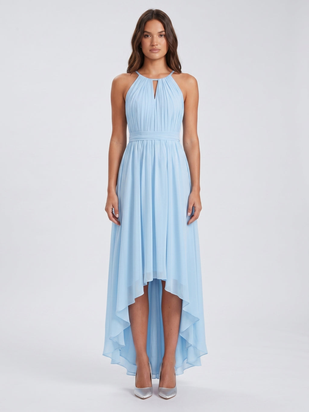 Sky Blue Chiffon A-Line Halter Back Zip Asymmetrical Bridesmaid Dress with Ruffles
