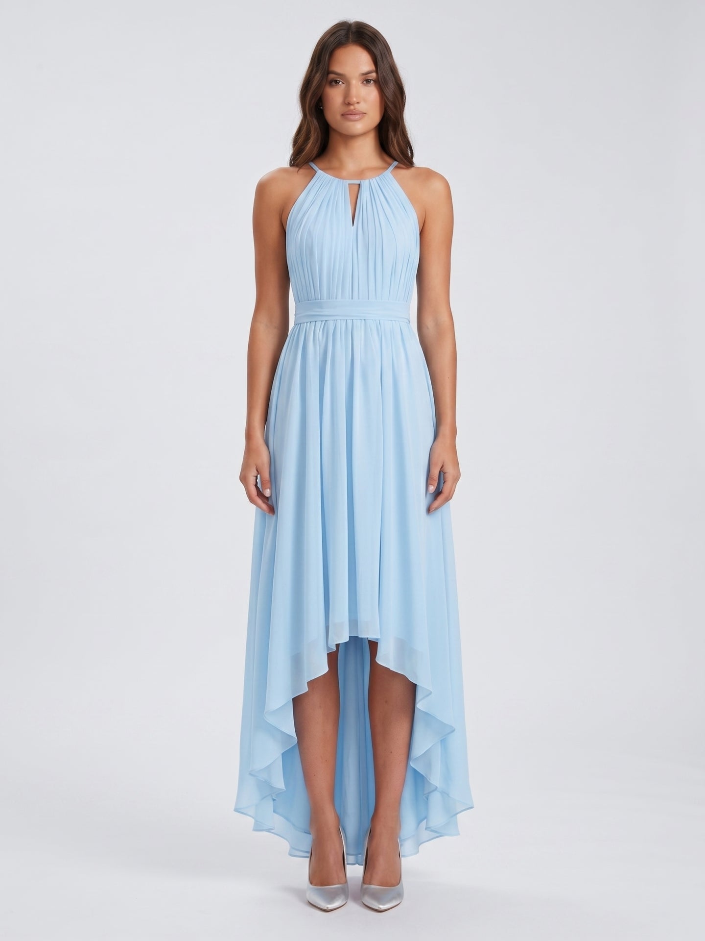 Sky Blue Chiffon A-Line Halter Back Zip Asymmetrical Bridesmaid Dress with Ruffles