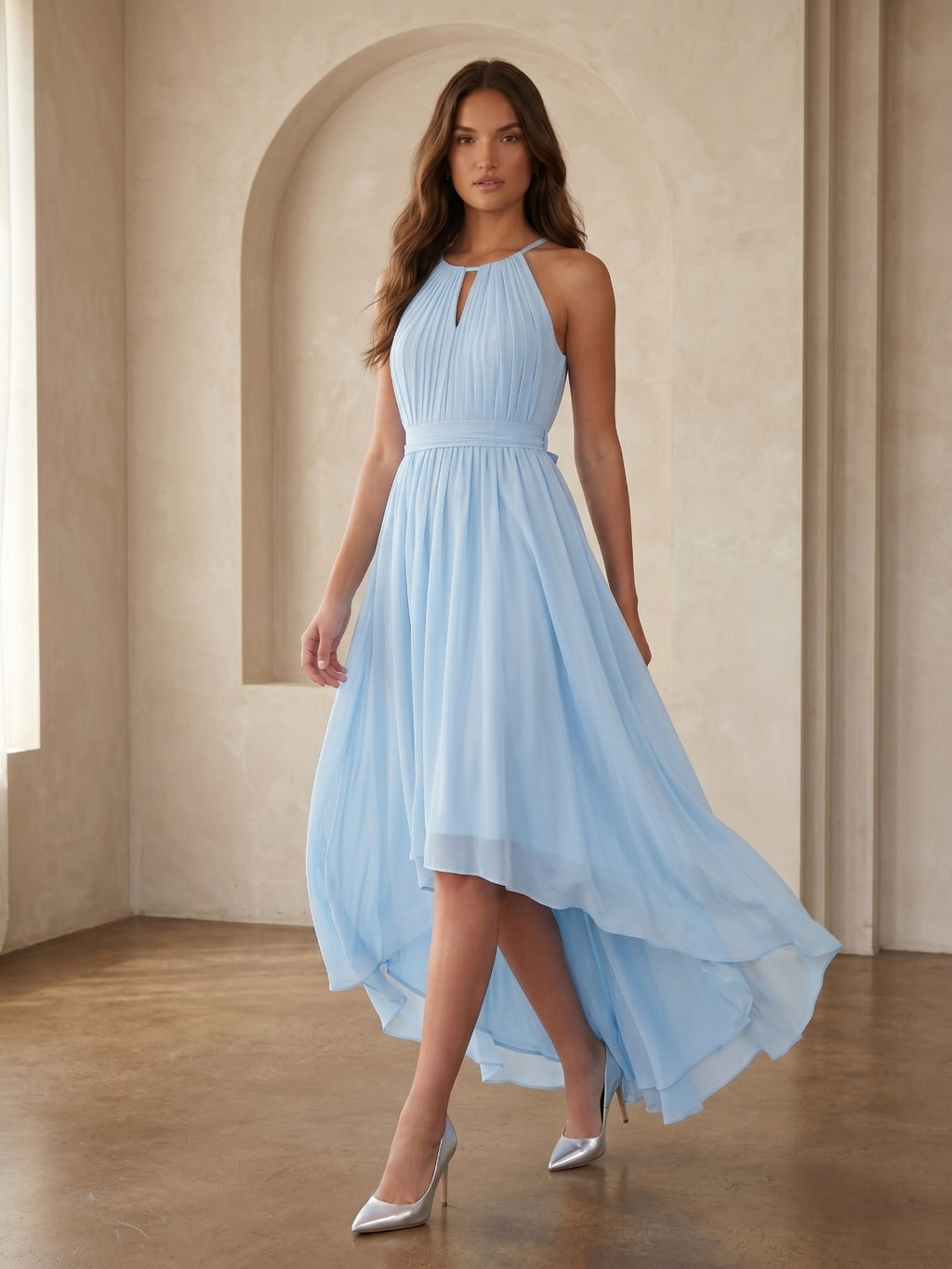 Sky Blue Chiffon A-Line Halter Back Zip Asymmetrical Bridesmaid Dress with Ruffles