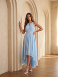 Sky Blue Chiffon A-Line Halter Back Zip Asymmetrical Bridesmaid Dress with Ruffles