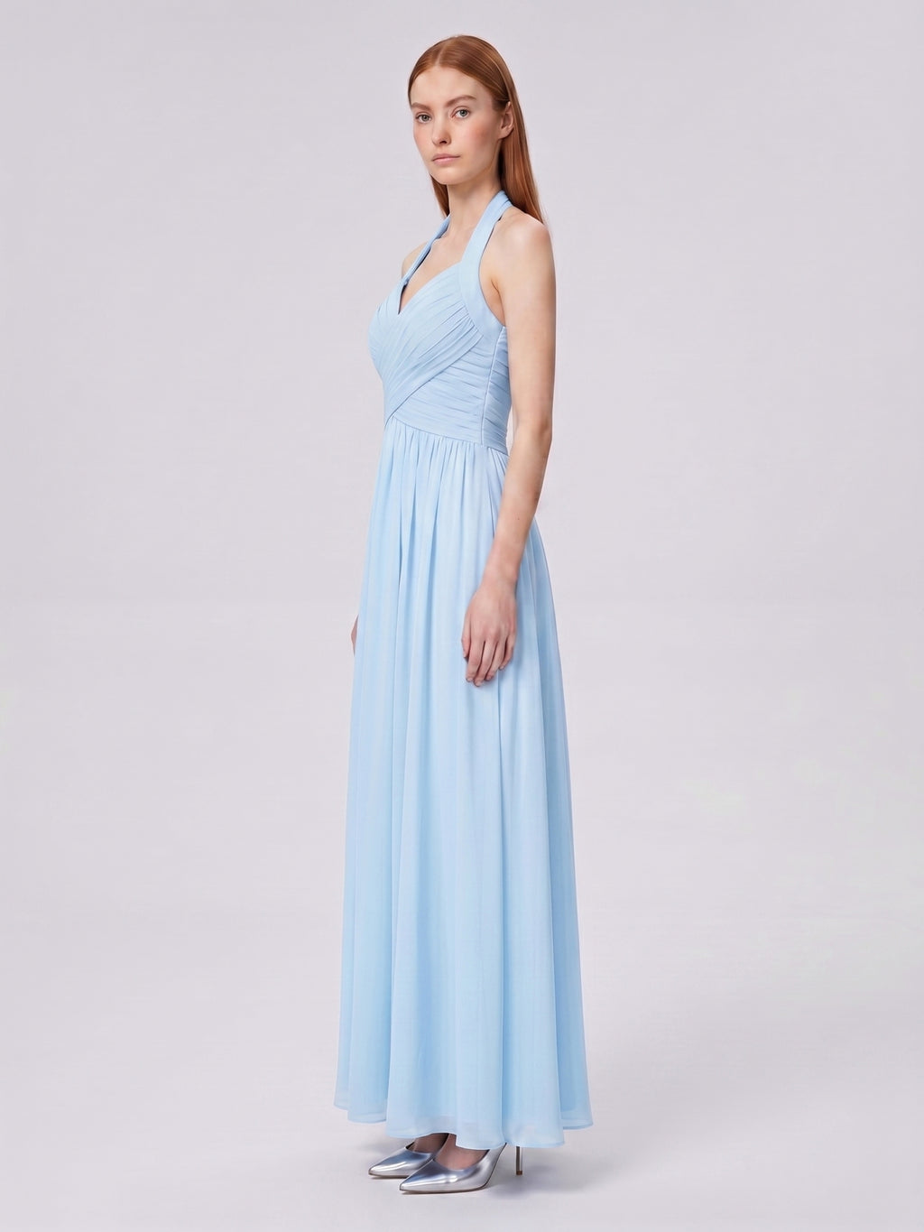 Sky Blue Chiffon A-Line Halter Back Zip Floor-Length Bridesmaid Dress with Pleats